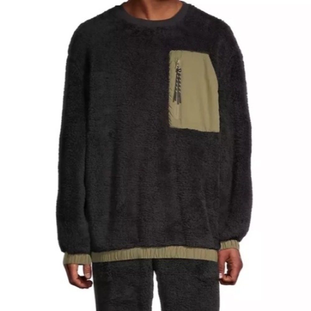 UGG Sherpa Fleece Pullover Men L Niko Black Olive Green Crewneck Zip Pocket
